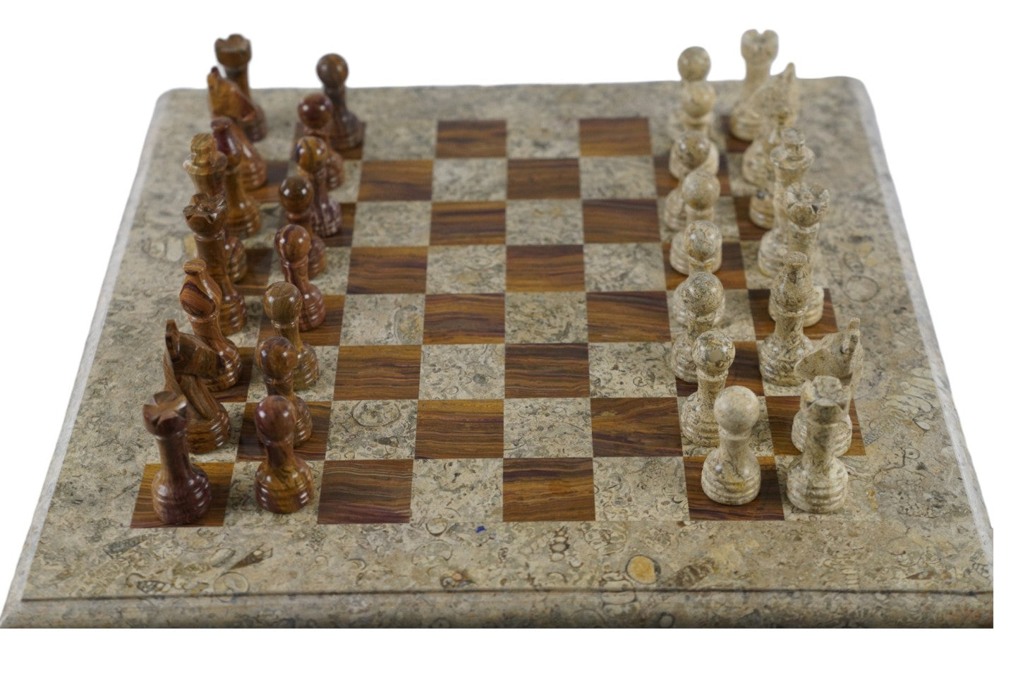 Marble Chess Table- Red and White Coral with Fancy Chess Pieces- White Border- 24"