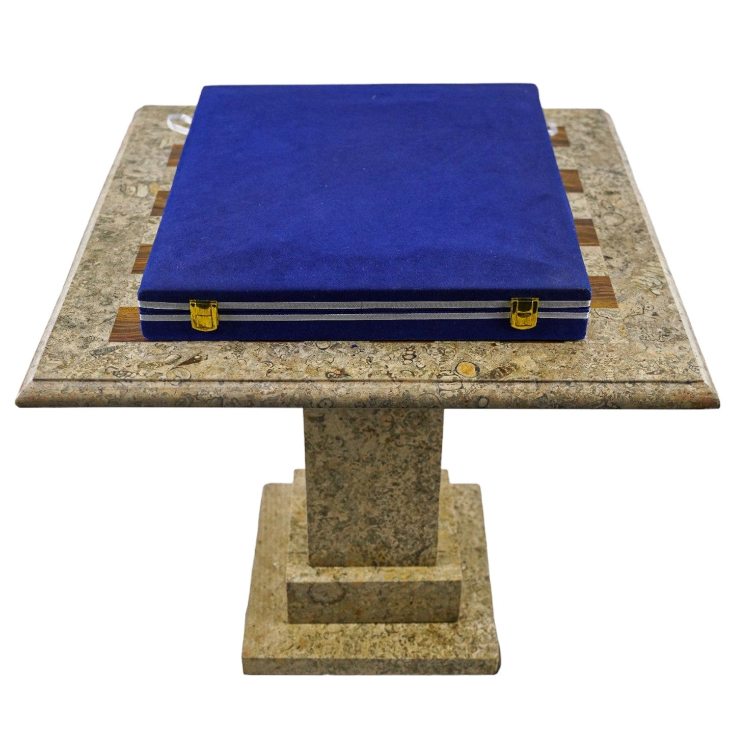 Marble Chess Table- Red and White Coral with Fancy Chess Pieces- White Border- 24"