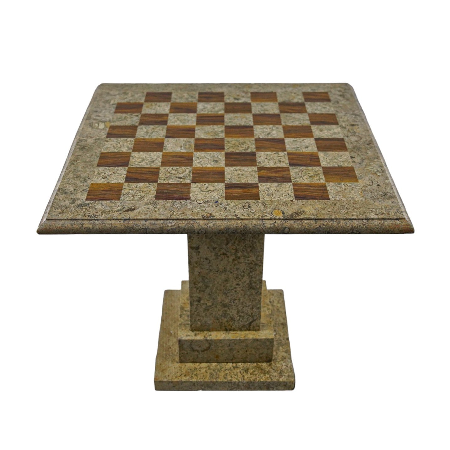 Marble Chess Table- Red and White Coral with Fancy Chess Pieces- White Border- 24"