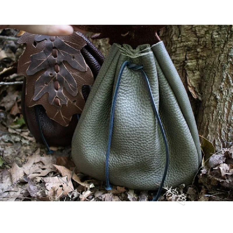 Medieval Leather Leaf Drawstring Coin Pouch