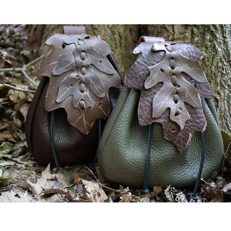 Medieval Leather Leaf Drawstring Coin Pouch
