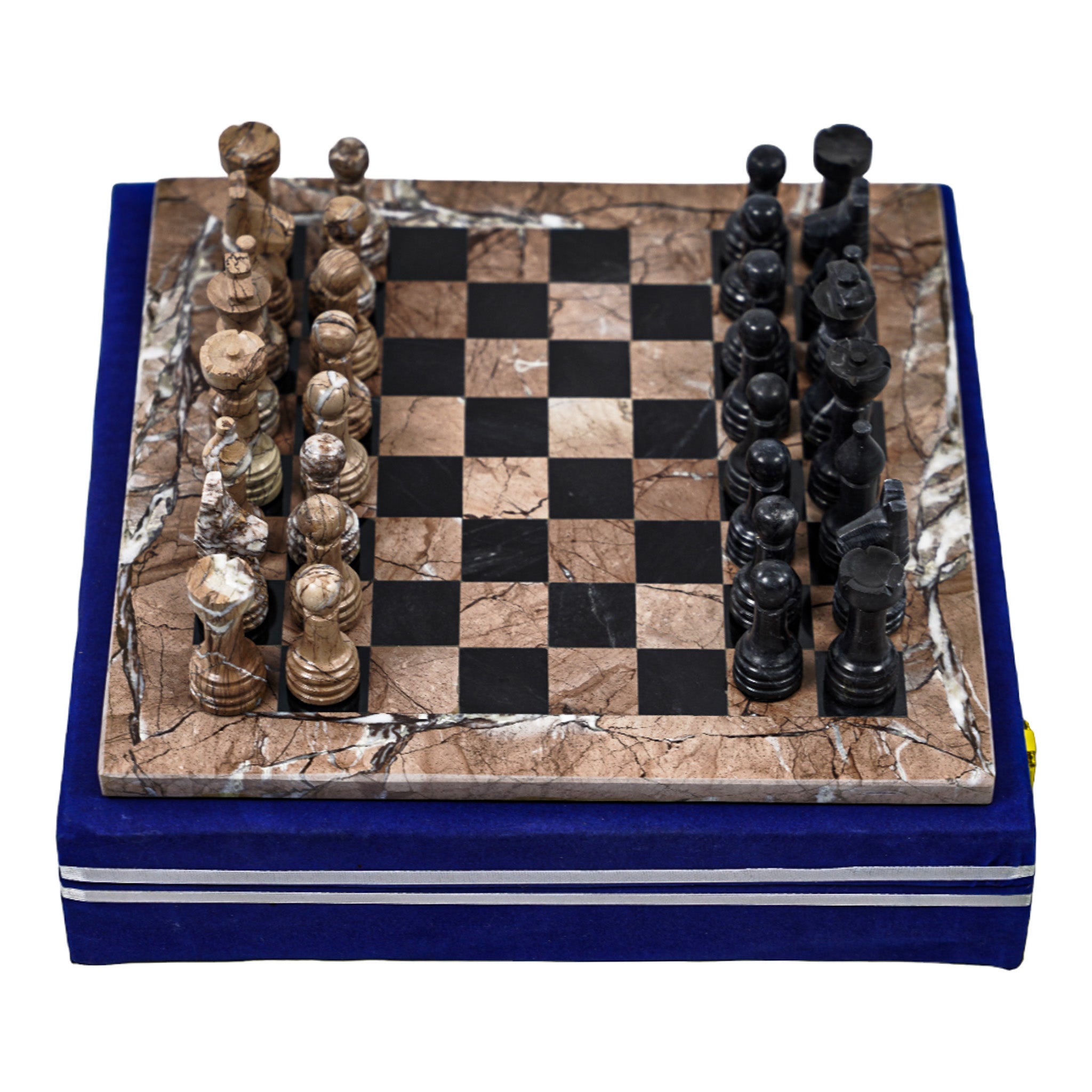 Marble Chess Set- Marina and Black Marble Chess Board with Pieces- 12"