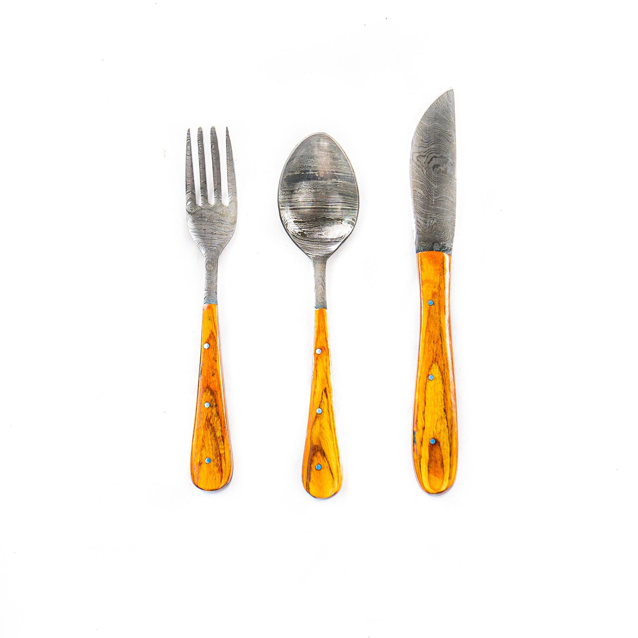 Silverware Set- High Carbon Damascus Steel- Fork, Spoon and Knife- Wood - Battlingbladess