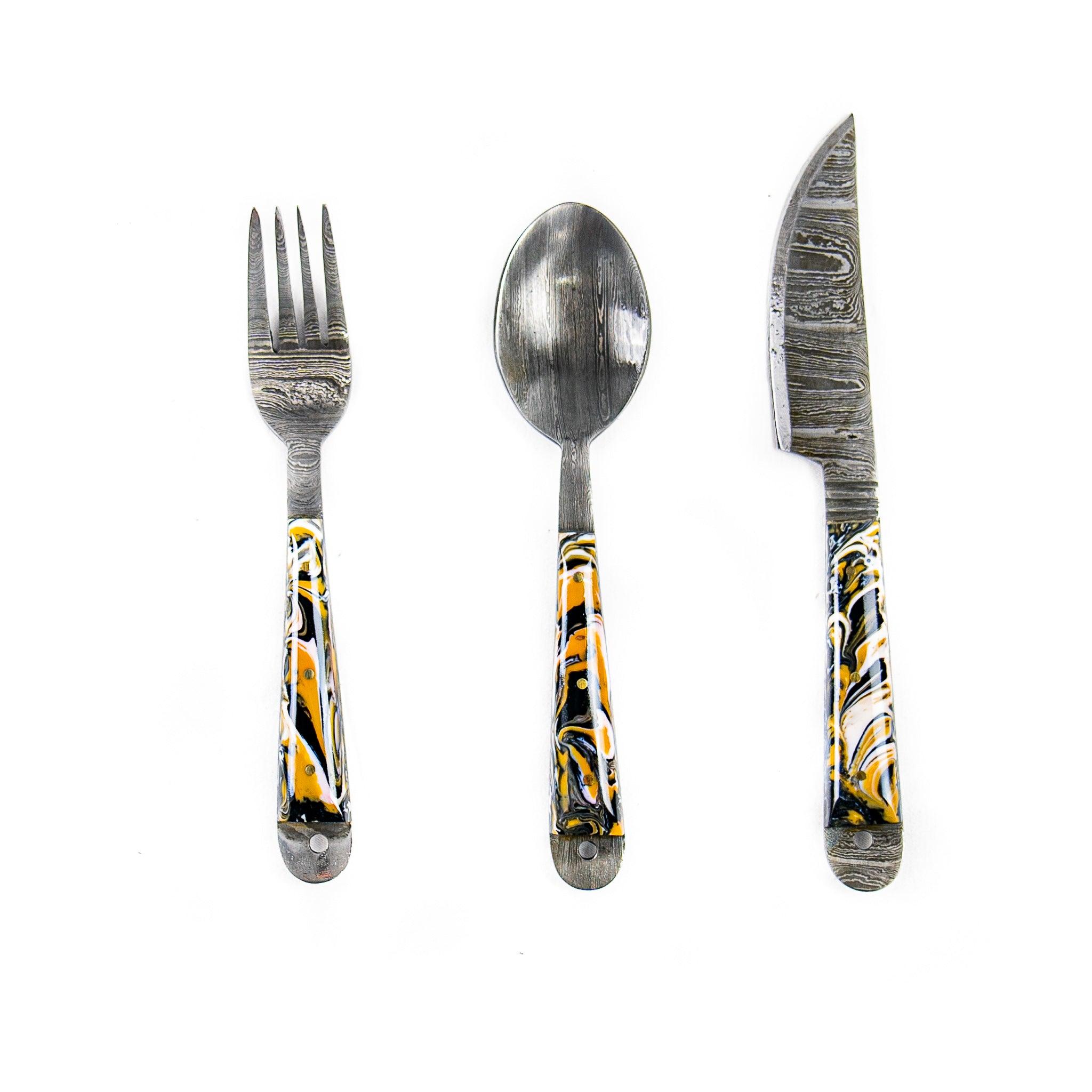 Silverware Set- High Carbon Damascus Steel- Fork, Spoon and Knife- Micarta - Battlingbladess