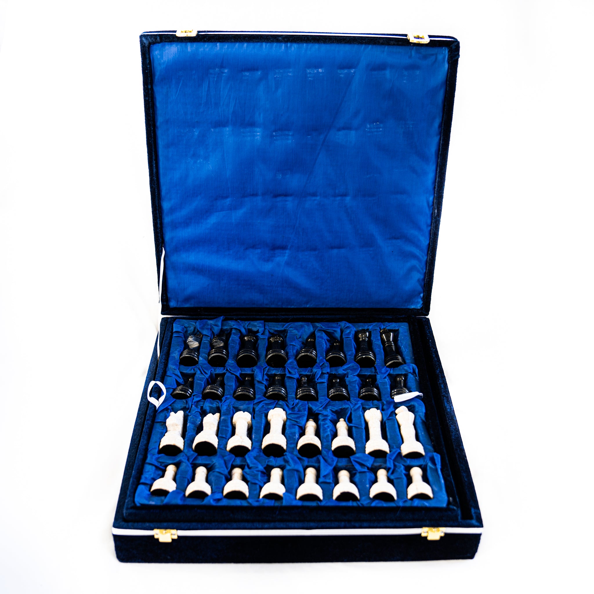 Marble Chess Set- Black and White Coral with Chess Pieces- Black Border- 12"