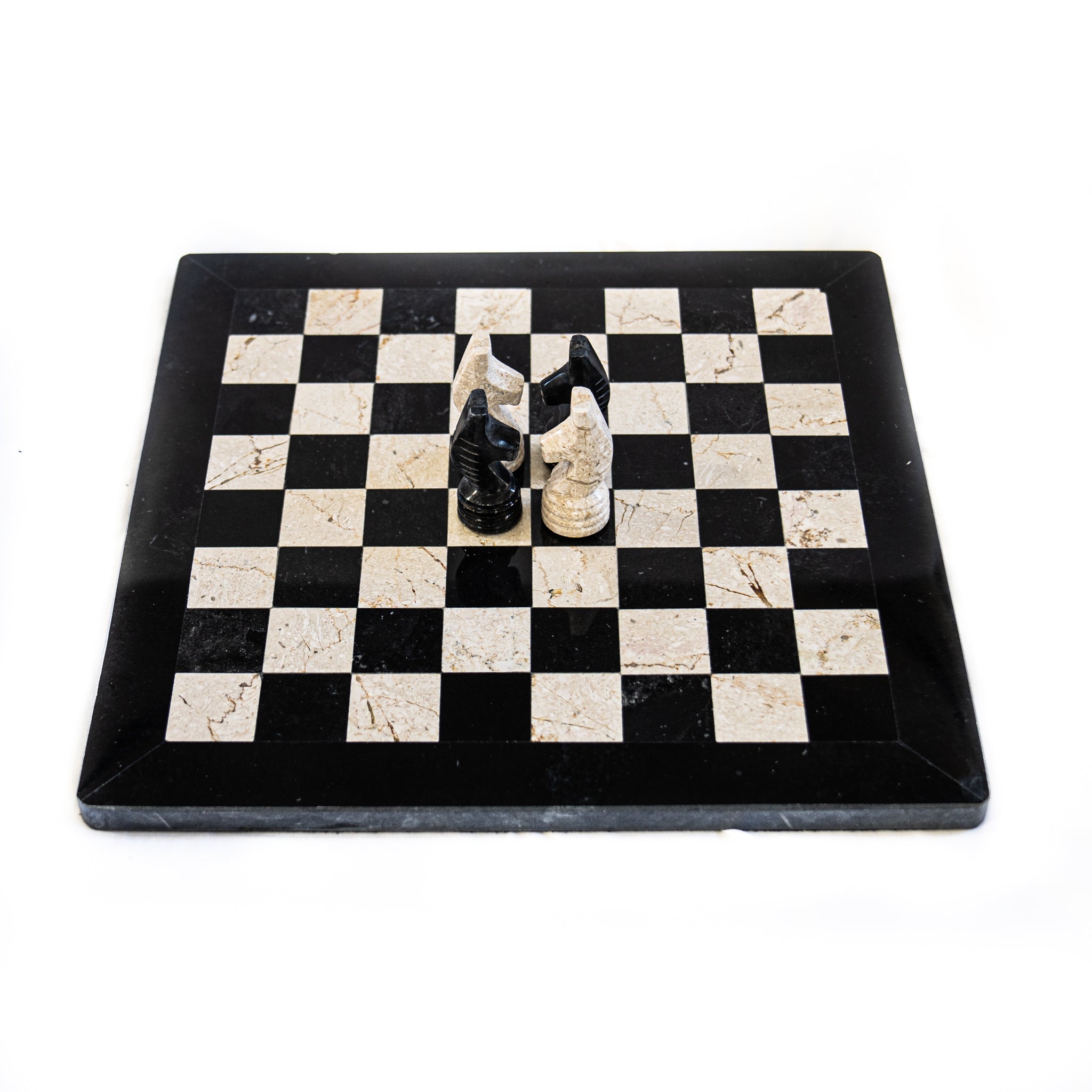 Large Marble Chess Set- Black and White Coral with Chess Pieces- White Coral Border- 16"