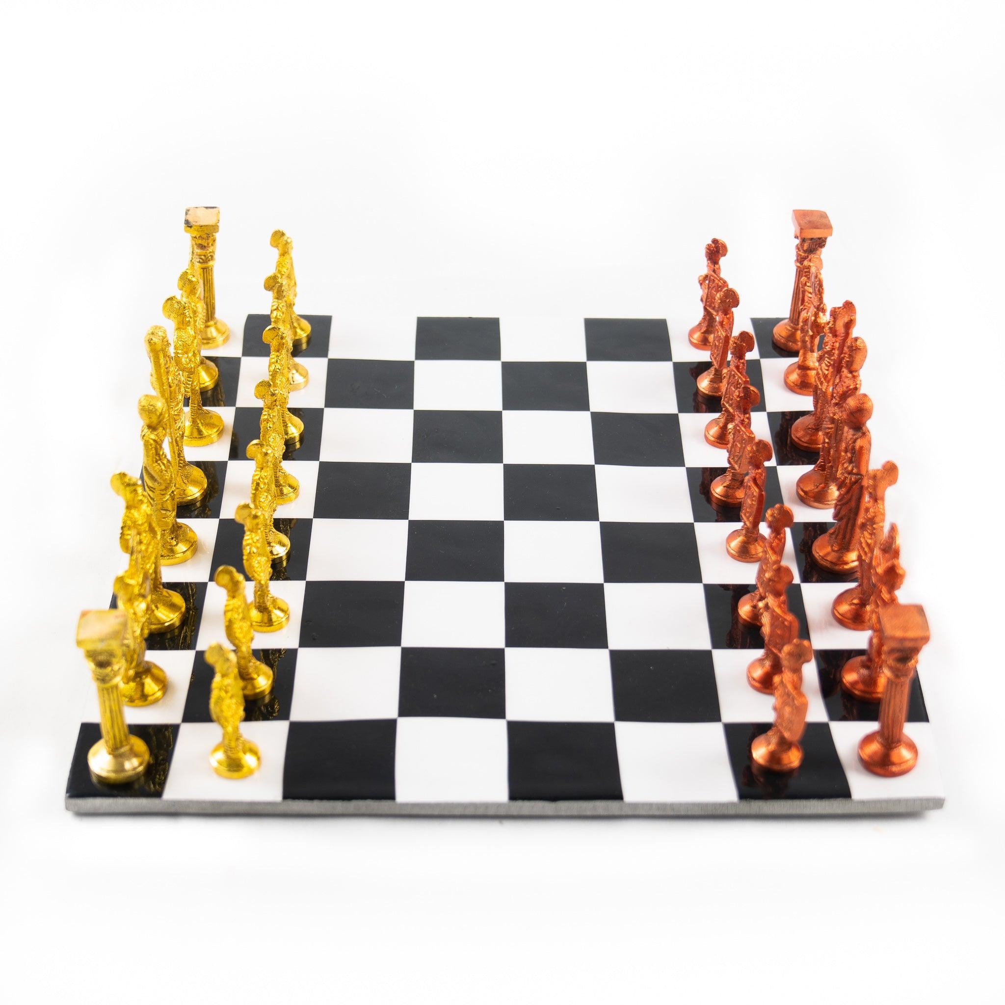 Roman Chess Set- Metal Black and White Board with Red and Gold Pieces- Brass Board with Pieces- 12" - Battlingbladess