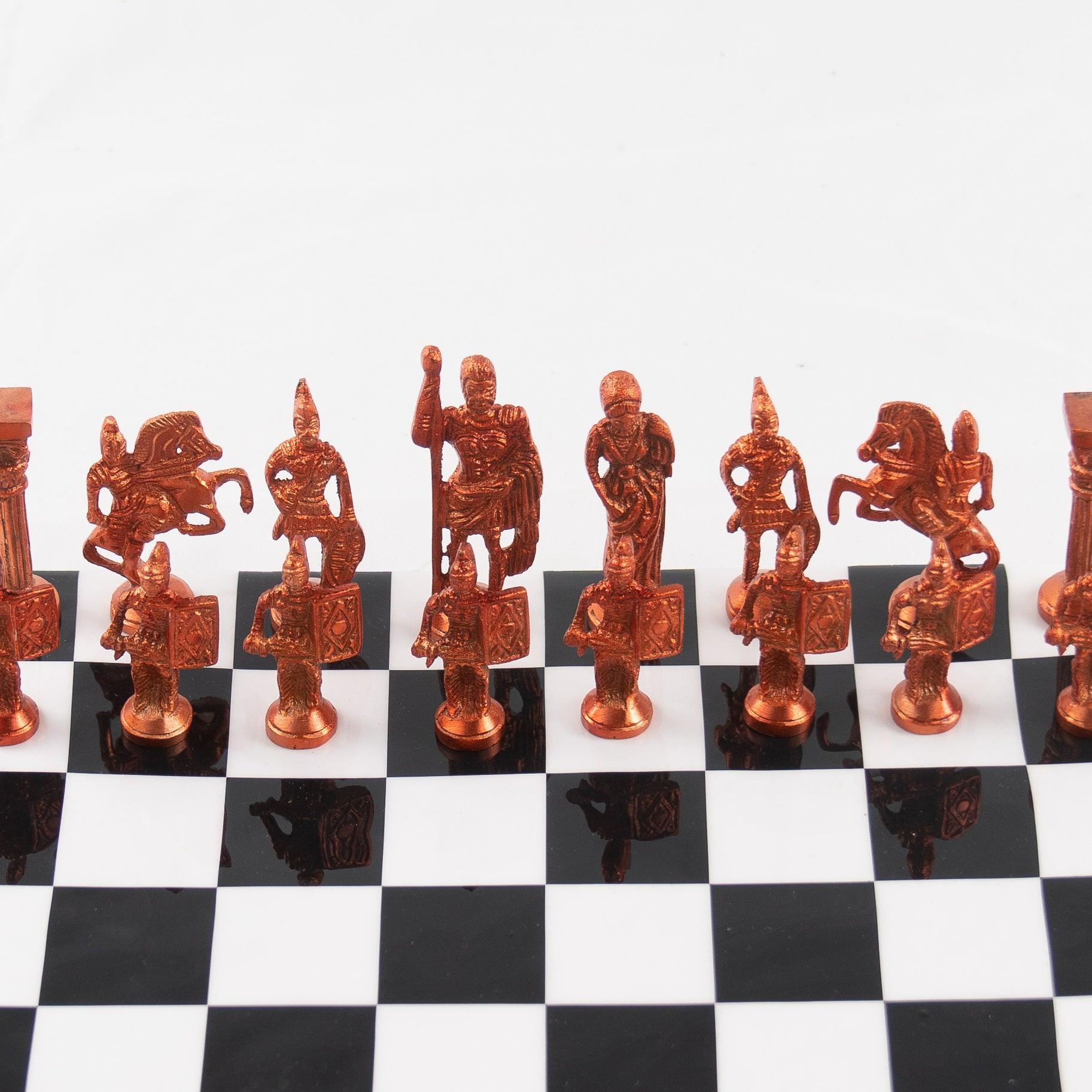 Roman Chess Set- Metal Black and White Board with Red and Gold Pieces- Brass Board with Pieces- 12" - Battlingbladess