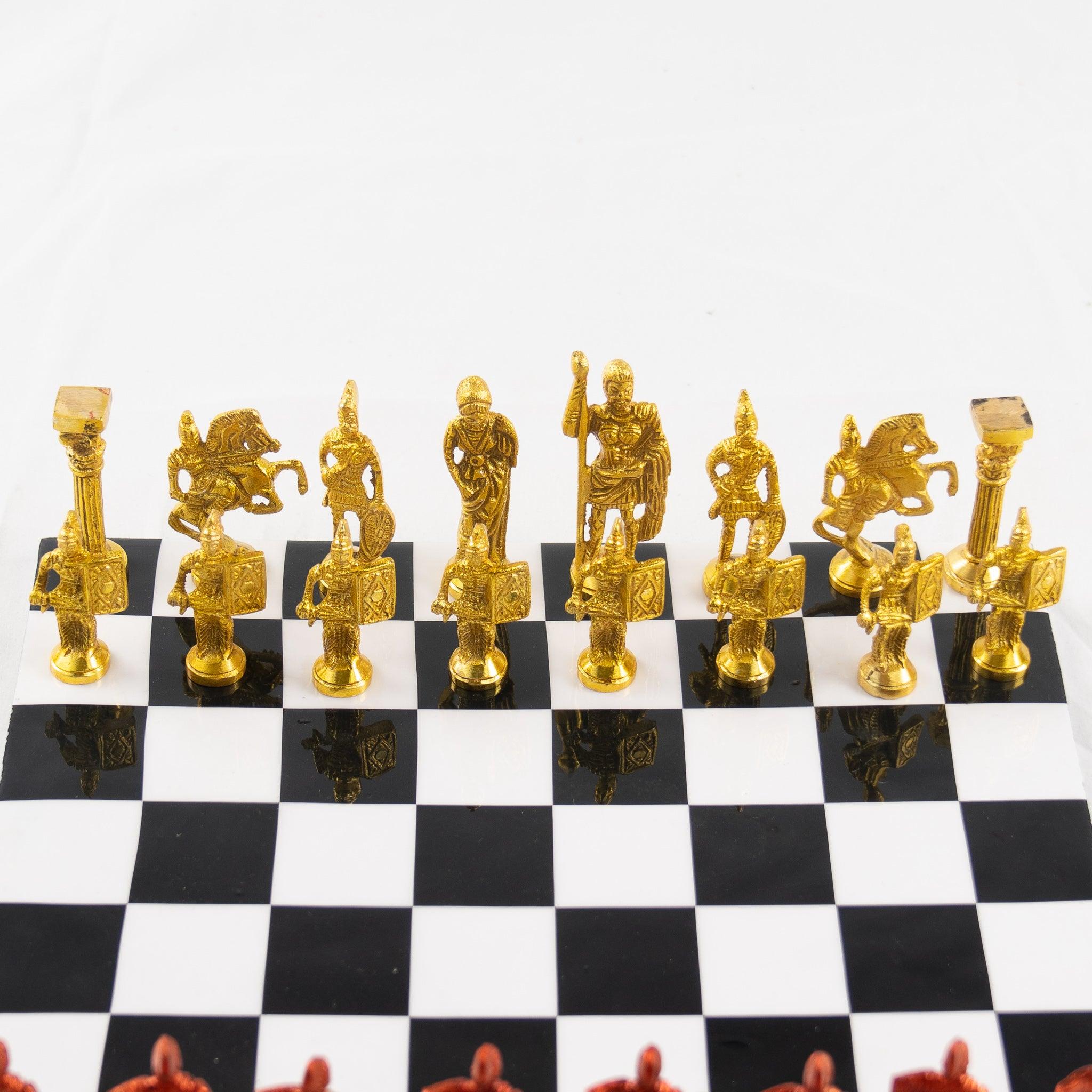 Roman Chess Set- Metal Black and White Board with Red and Gold Pieces- Brass Board with Pieces- 12" - Battlingbladess