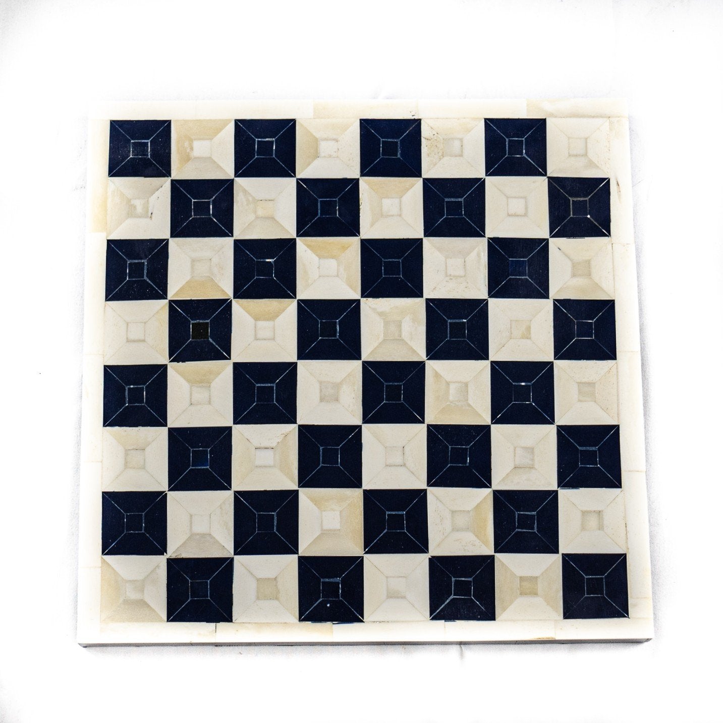 Bone Chess Set- Black and White- White Border- Bone Chess Board with Pieces- 12"