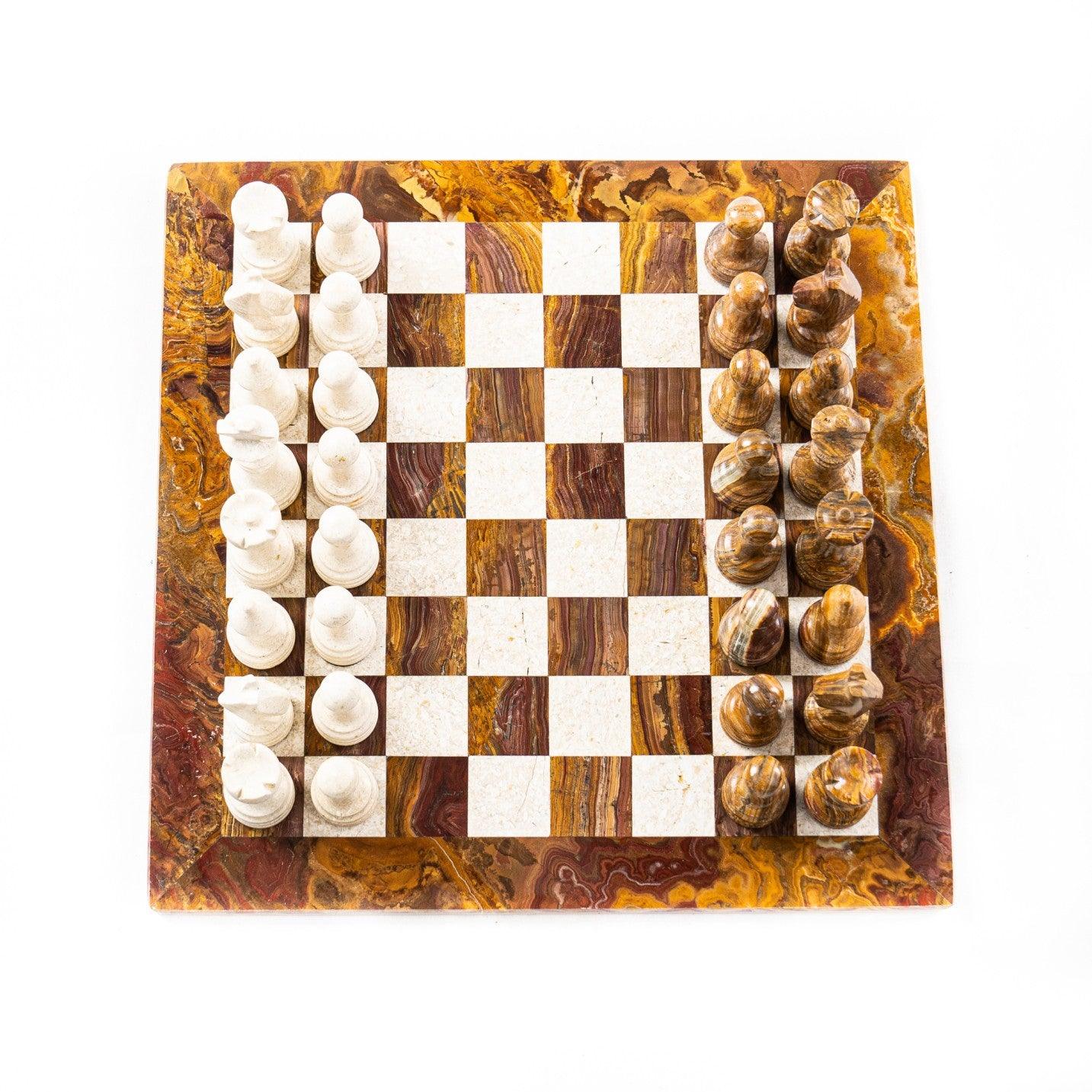 Marble Chess Set- White Coral and Red Marble Chess Board with Pieces- 12" - Battlingbladess