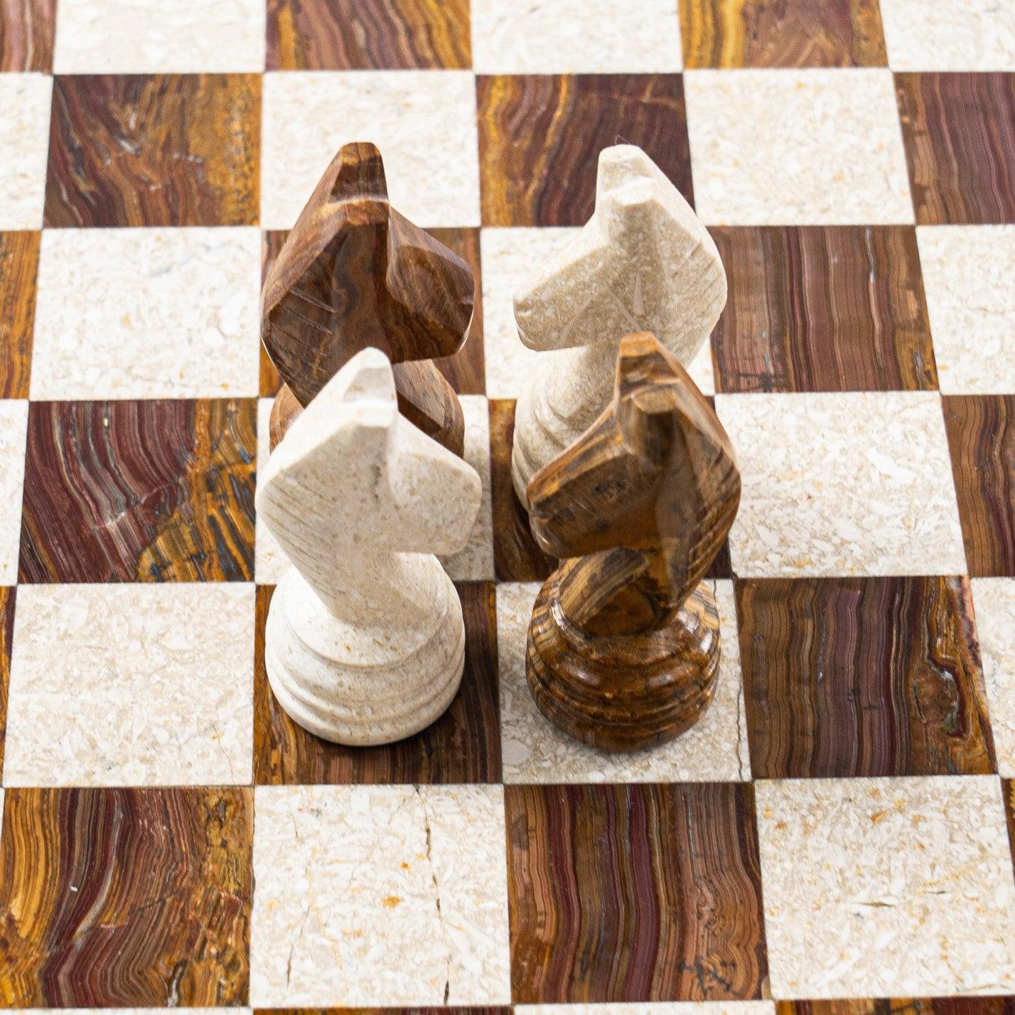Marble Chess Set- White Coral and Red Marble Chess Board with Pieces- 12" - Battlingbladess