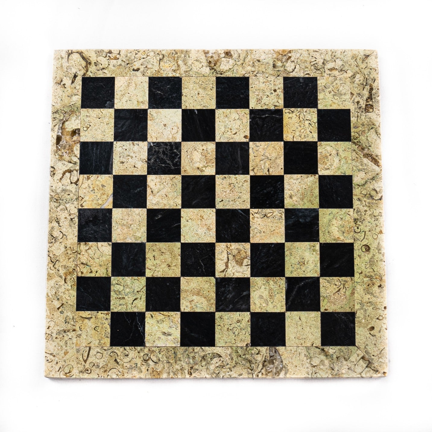Marble Chess Set- Botticino and Black Marble Chess Board with Pieces- 12"
