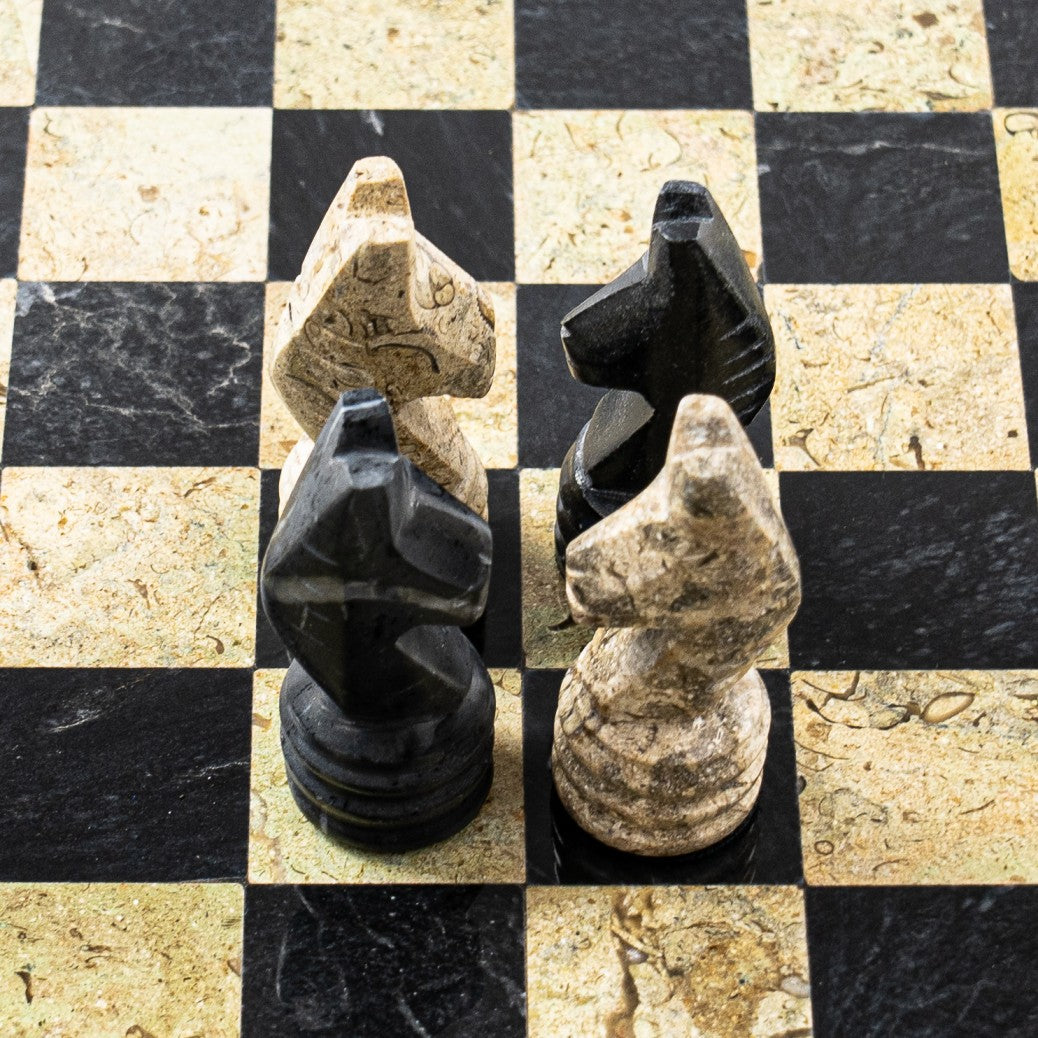 Marble Chess Set- Botticino and Black Marble Chess Board with Pieces- 12"