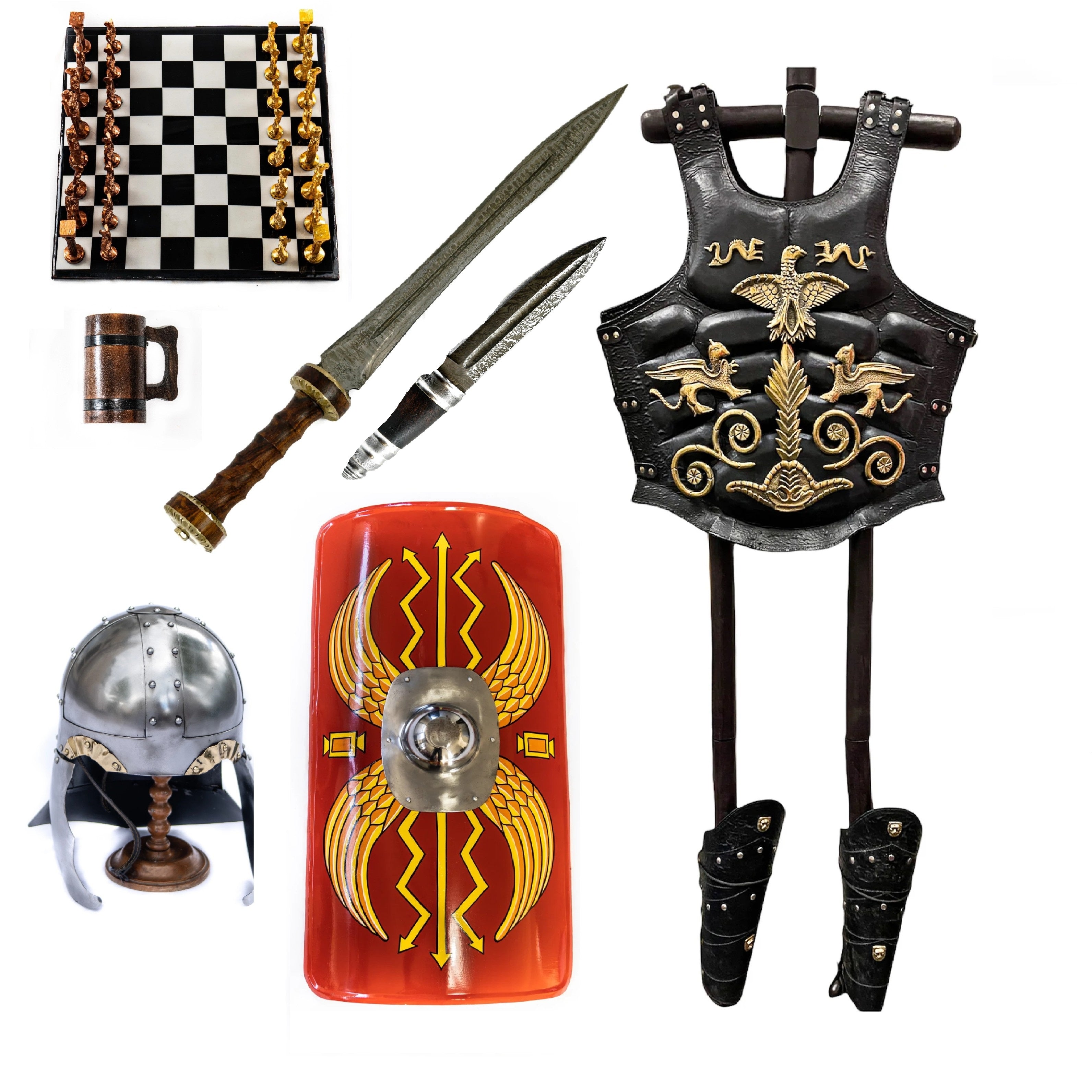 Roman Bundle- Gladius Sword, Knife, Helmet, Shield, Chess Set and More