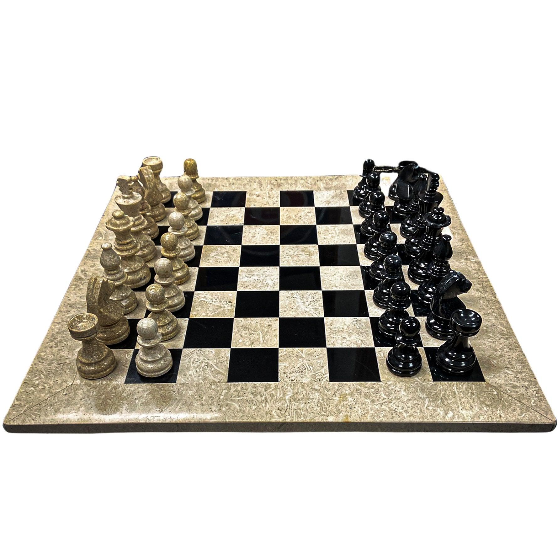 Large Marble Chess Set- Black and White Coral with Fancy Chess Pieces- White Border- 16" - Battlingbladess