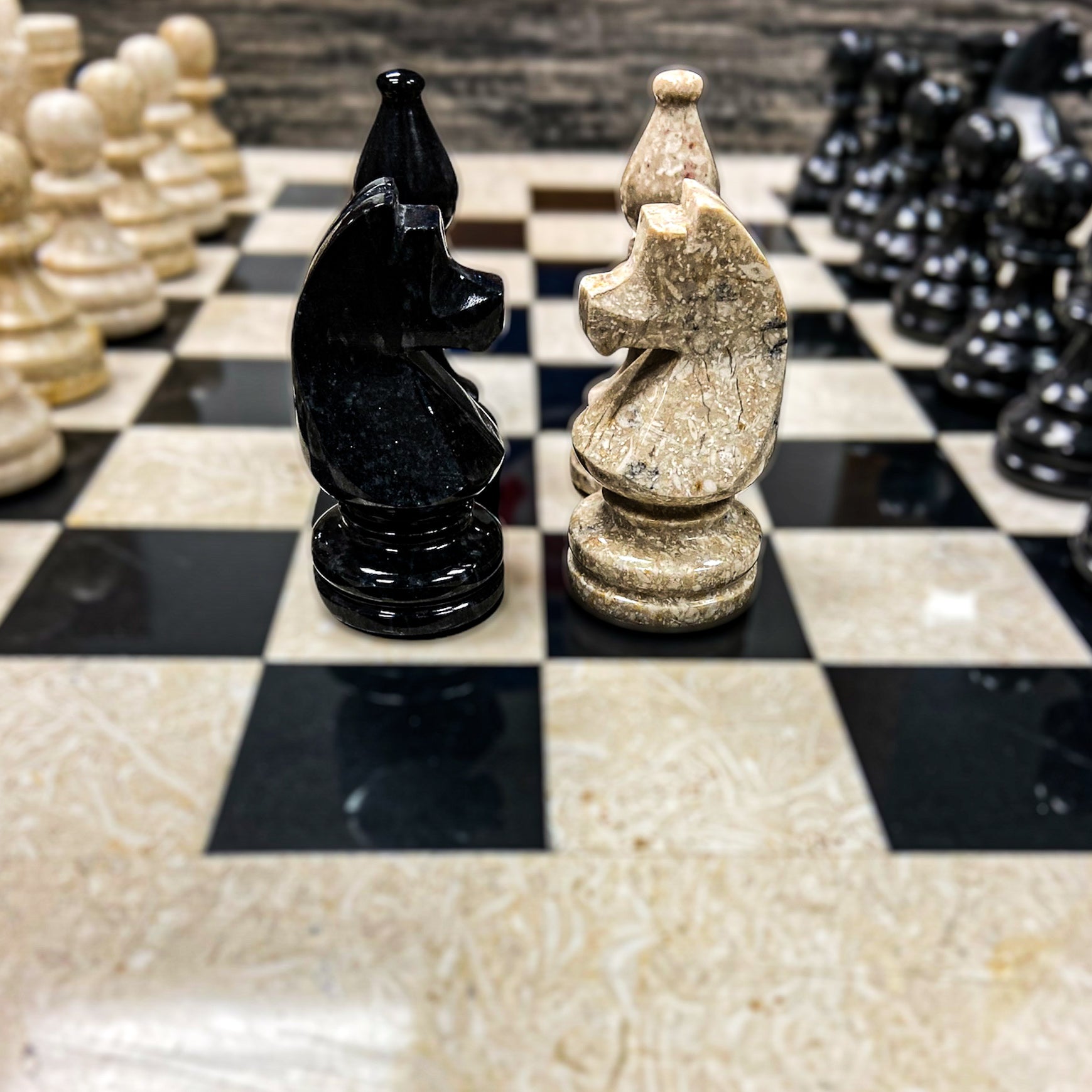 Large Marble Chess Set- Black and White Coral with Fancy Chess Pieces- White Border- 16"