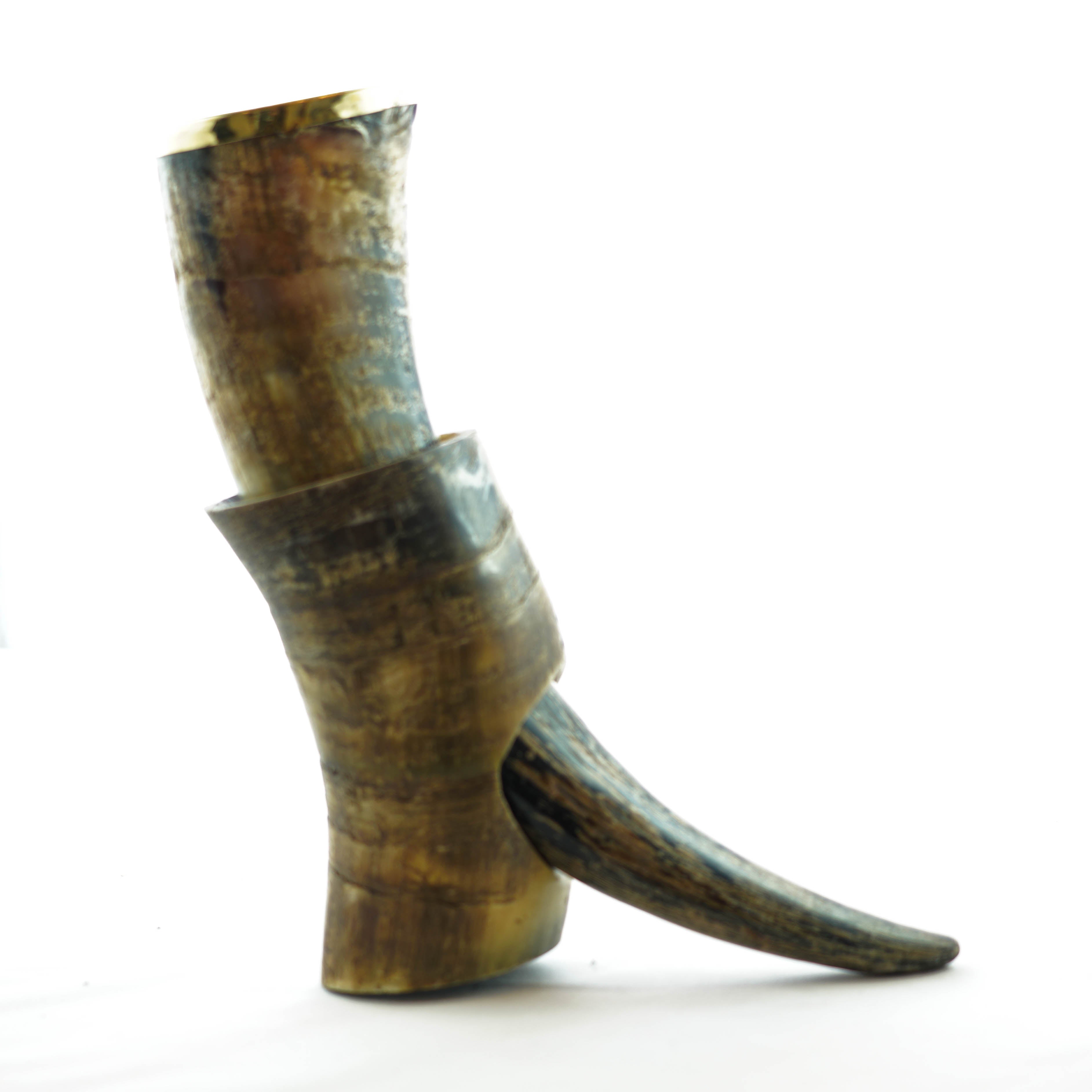 Viking Drinking Horn- Large - Horn Stand and Decorative Metal Rim- Buffalo Horn- 16 Fl Oz