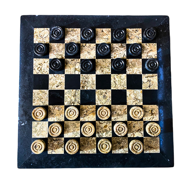 Checkers Set- Draughts- Black and White Coral with Chess Pieces- Black Border- 12"