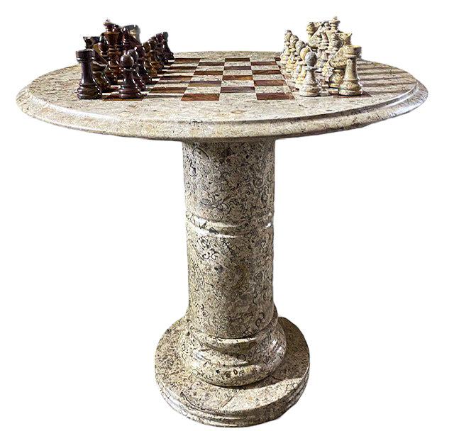 Marble Chess Table- Red and White Coral with Fancy Chess Pieces- White Border- 24"