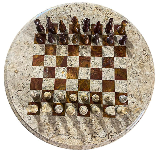 Marble Chess Table- Red and White Coral with Fancy Chess Pieces- White Border- 24"